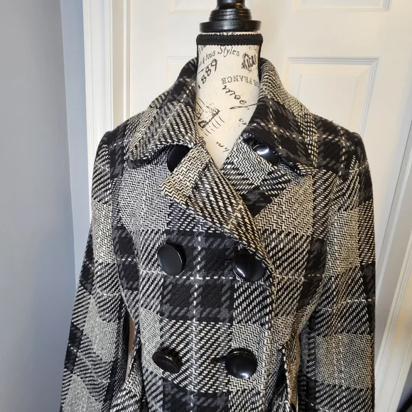 Ricki's Wool Blend Pea Coat Black Gray Plaid Checkered Women's Size M - Picture 3 of 14